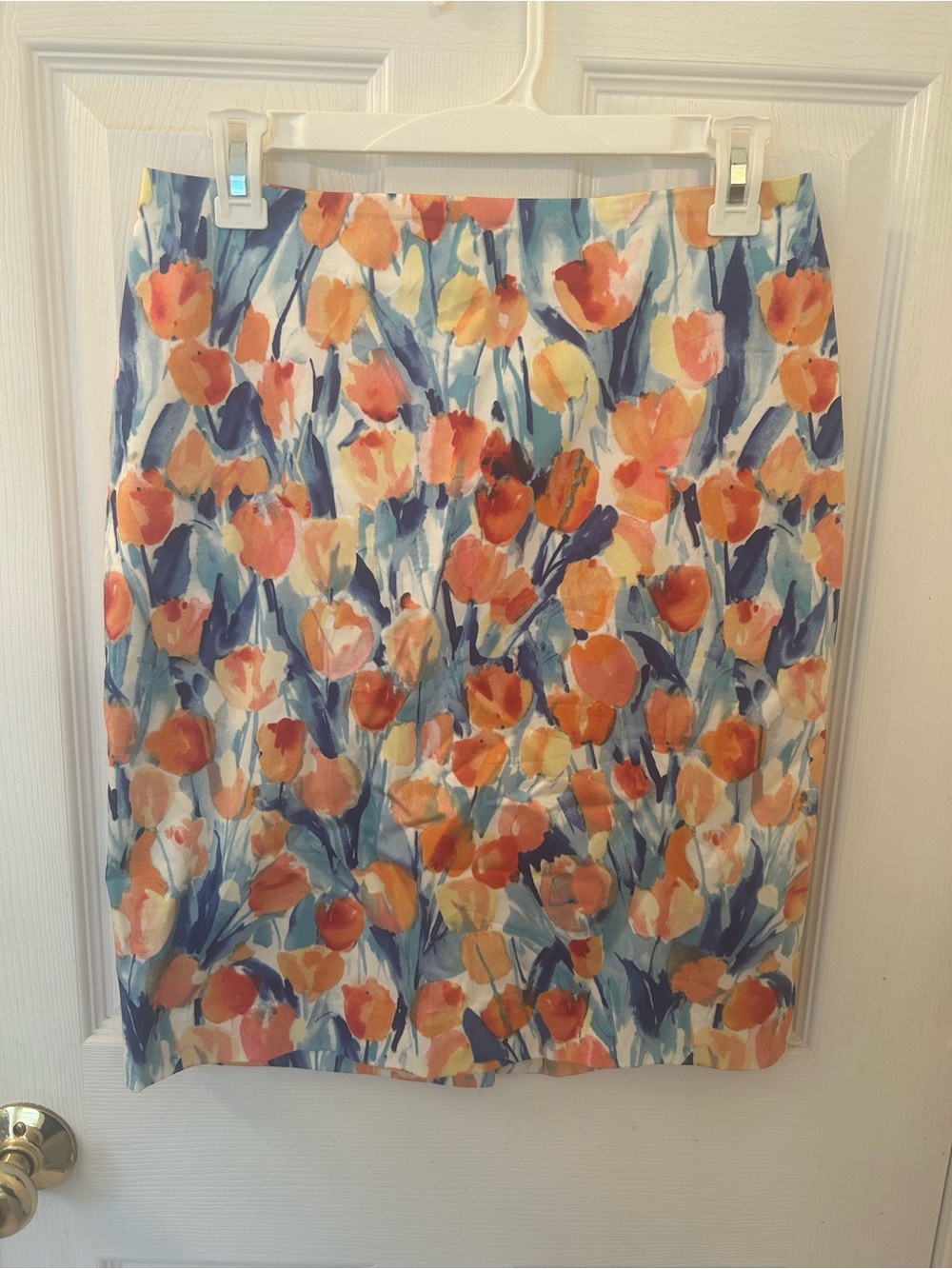 Talbots Orange & Blue Floral Tulip Watercolor Pencil Skirt